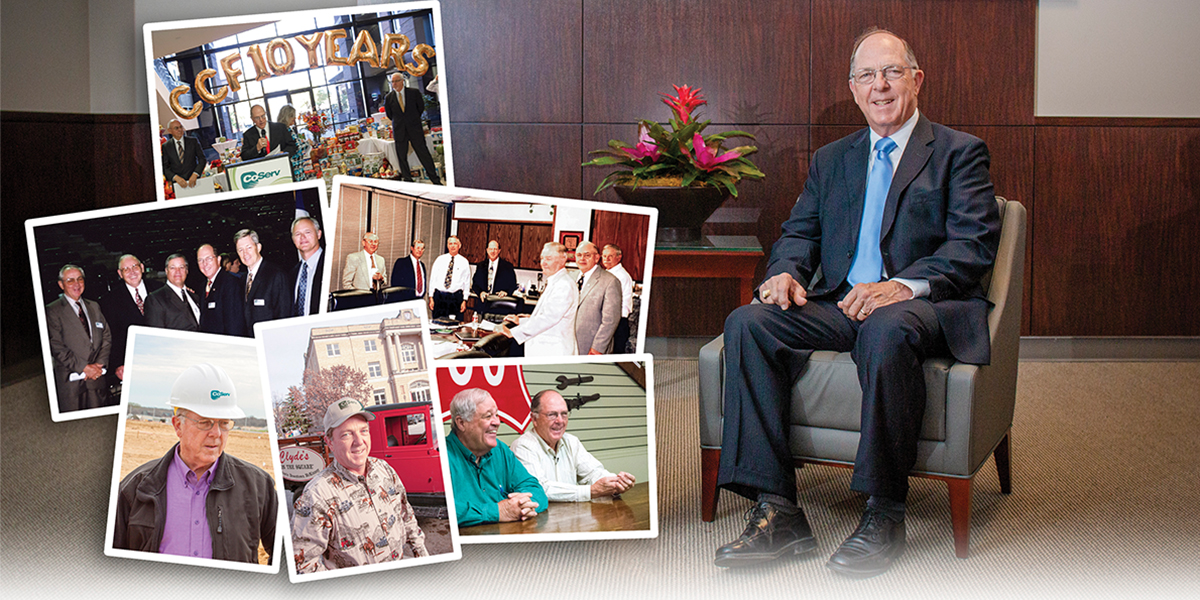 CLOCKWISE FROM TOP: A. Clyde Geer speaks at the CCF 10 Year Celebration (2014); B. DCEC Board of Directors Meeting (1999);
C. Jerry Cobb and Clyde reminisce about CoServ (2017) ; D. Clyde in downtown McKinney (2003); E. Clyde inspects future site of CoServ’s Solar Energy Project (2015) F. With fellow Board Members at the 2003 CoServ Annual Meeting