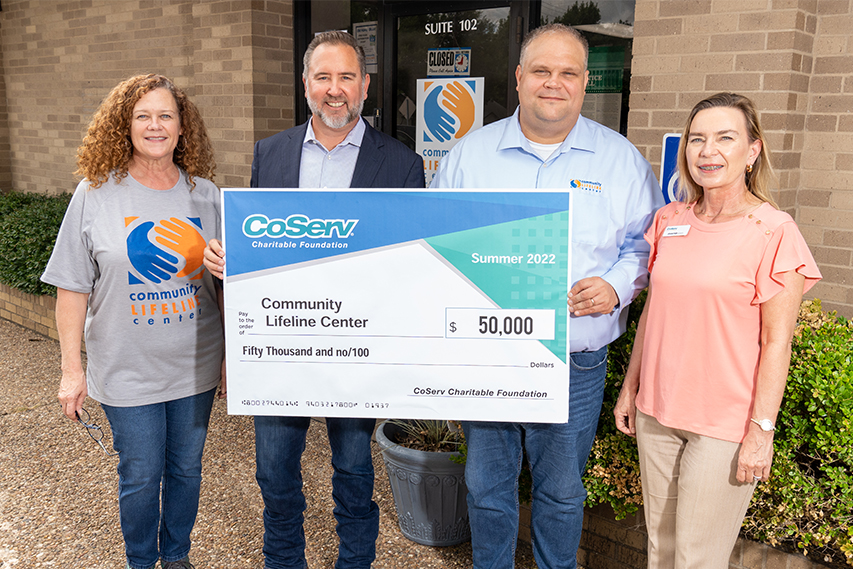 CoServ Charitable Foundation awarded Community Lifeline Center in McKinney 50,000 for Utility Assistance help to the community. CoServ Board of Directors Chris McCraw, CCF Outreach Coordinator Jennifer Ebert, Executive Director of CLC Michael Schwerin and  CLC Director of Programs Amy Wyatt.