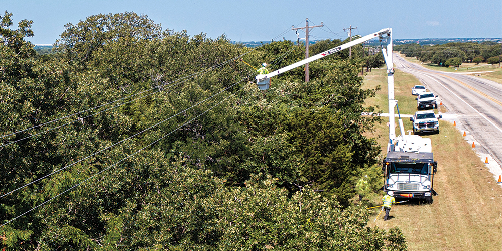 CoServ contractors trim trees along County Road 3002 in Valley View. Photo by KEN OLTMANN