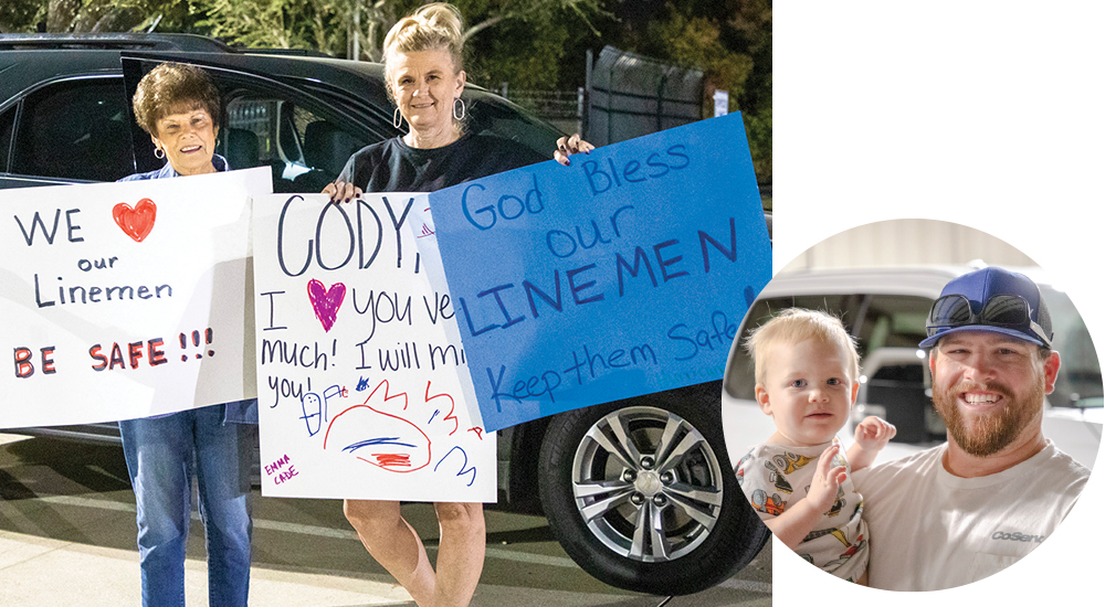 Family members showed up at 5 a.m. to wish our crews well and Lineman Garrett McFerren with his son, Everett. Photos by KEN OLTMANN