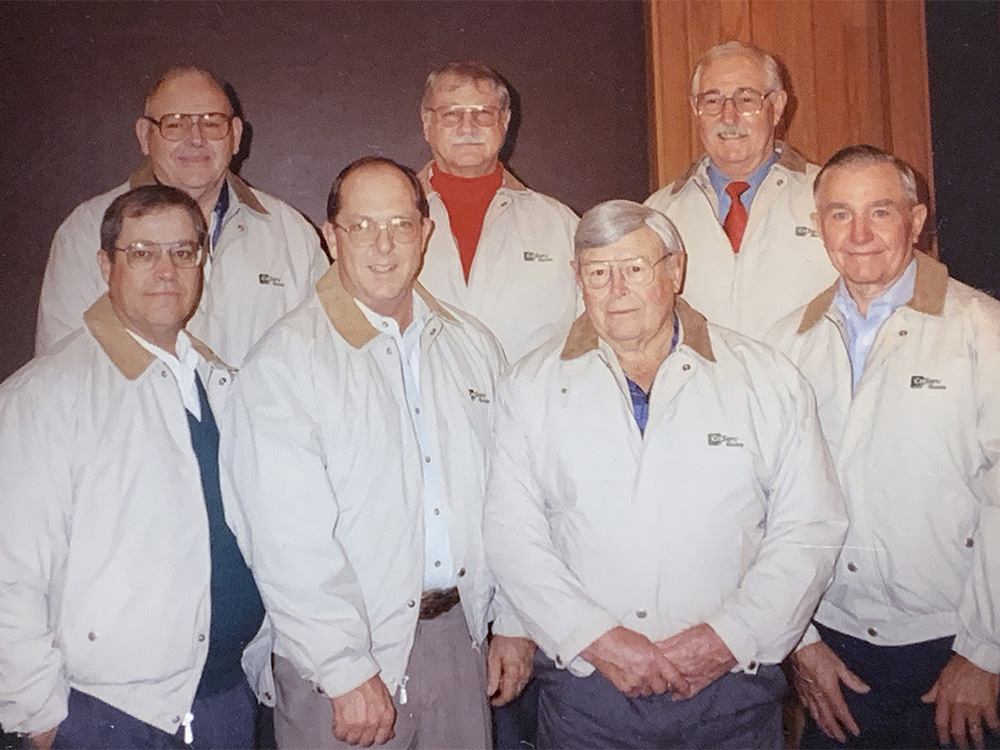 The CoServ Board of Directors. Back row: Marvin Ellis, Howard Ashcraft and Paul Smith. Front row: Jerry Cobb, Clyde Geer, Tip Hall and Virgil Berend. COSERV ARCHIVES
