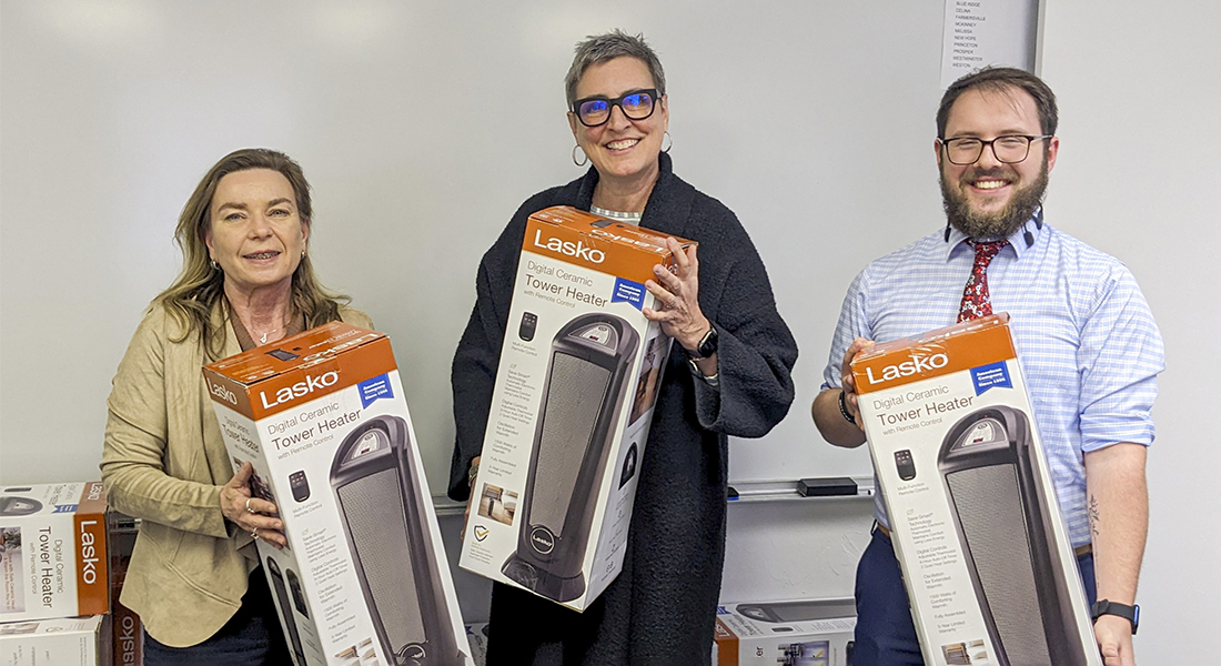 CoServ delivered 25 heaters to Community Lifeline Center in McKinney this month. Pictured here are: Jennifer Ebert, CCF & Outreach Coordinator for CoServ, Liz Strand Cimini, Community Lifeline Center Board President and Ben Adams, Director of Development. Photos by NICHOLAS SAKELARIS/CoServ