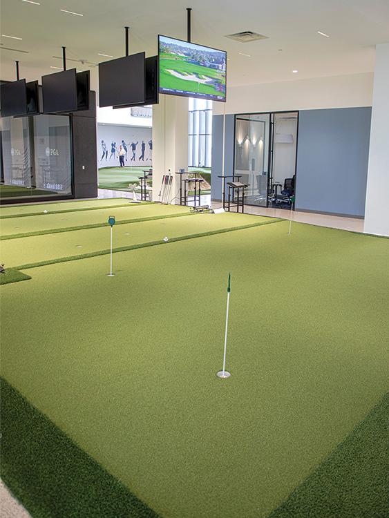 The headquarters have multiple putting greens.