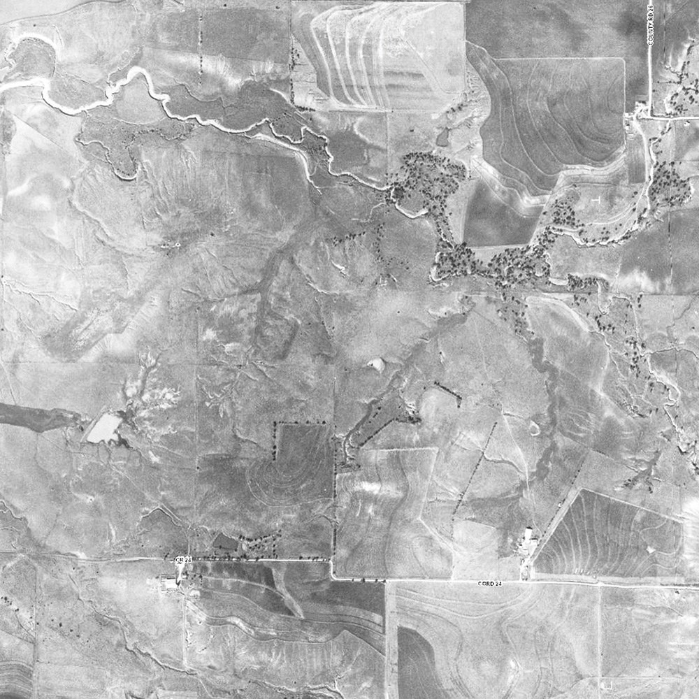 An aerial from 1958 shows the Fields homestead where Denton County Electric Cooperative delivered power just four years earlier.