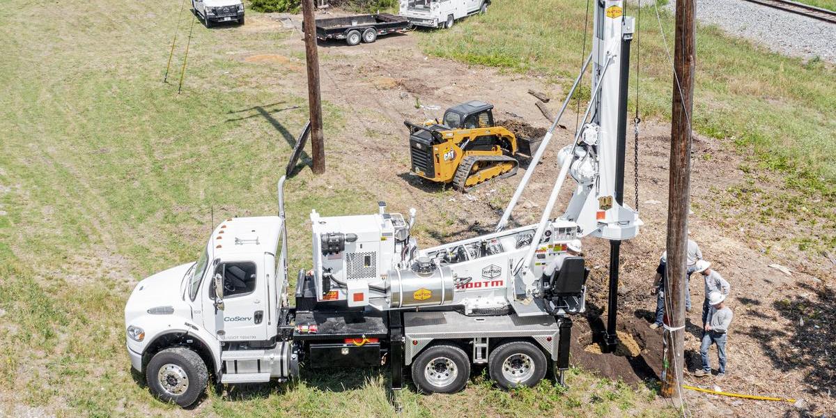Watson Model 1100 hydraulic drill truck in use in Lewisville. Photo by KEN OLTMANN/CoServ