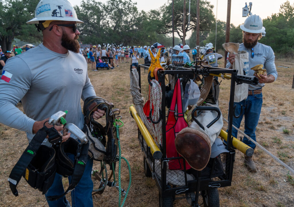 rv's 2023 Linemen Rodeo Journeyman team members Justin Brown, and Jared Day prepare to compete at the Texas Lineman Rodeo Association's annual Lineman Rodeo in Seguin, TX.