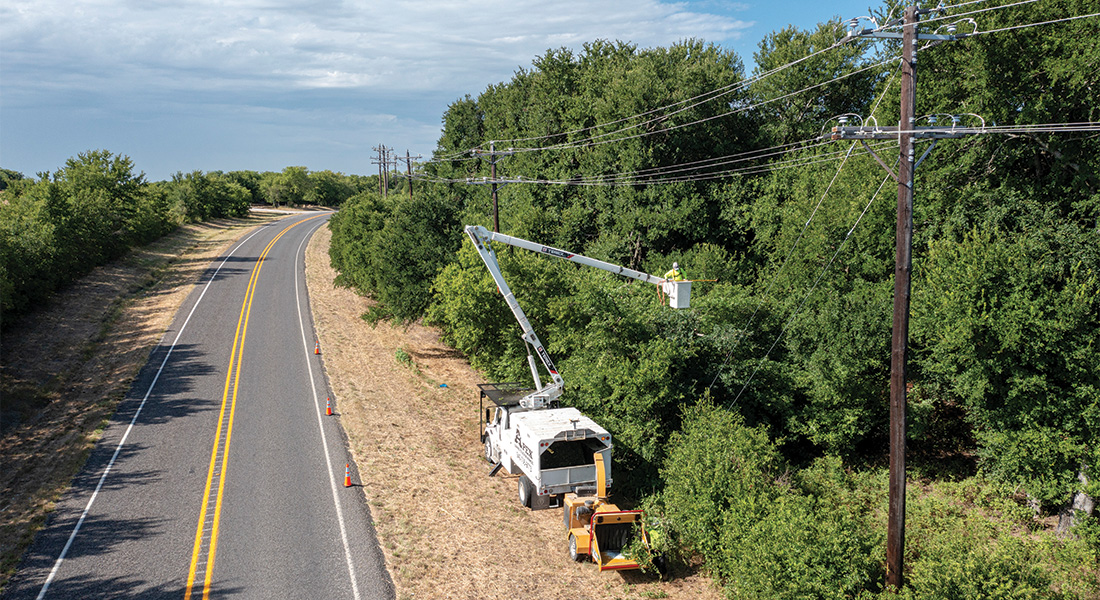 CoServ’s Vegetation Management Team works year-round to proactively
keep trees trimmed properly before they can come into contact with power lines and other equipment. Photo by KEN OLTMANN