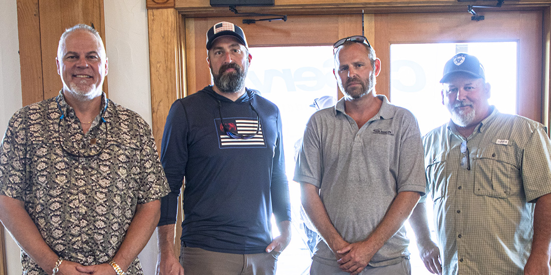 The first-place team for the 2023 CCF Clay Shoot. Brent Gilbert, Keith Phillips, Josh  Hamby and Wesley Forman.