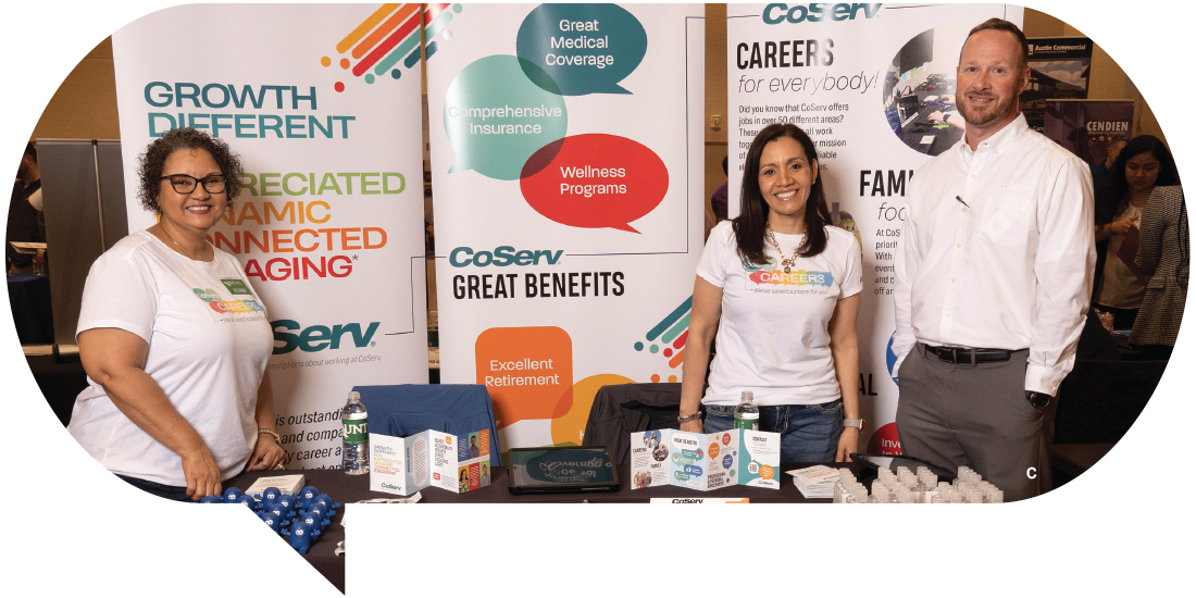 Amy Mallet, Paola Viscaino and Tommy Nylec working the CoServ booth at a recent career fair. Photos by BRIAN ELLEDGE