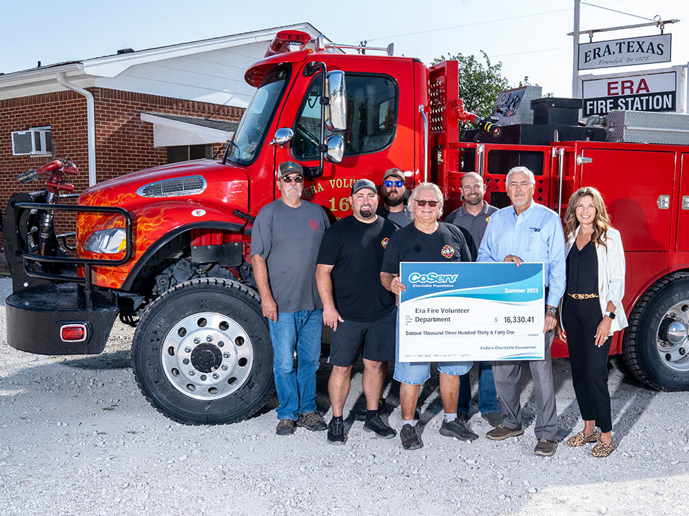 CoServ Charitable Foundation awarded a grant of 16,330.41 for new updated extraction equipment including a Combi Tool and smaller saws that are used to extract persons from vehicles. CoServ District 1 Director Richard Muir, Relationship Development Manager Jennifer Elliot, Era Fire Chief Shane Riley and several of the Volunteer Firefighters.