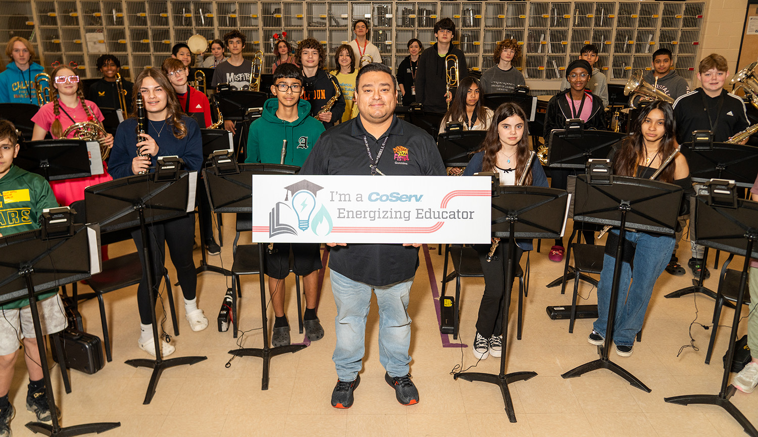 CoServ presented Calhoun Middle School Band Director Marco Gonzales of Denton ISD with an Energizing Educator Award. A parent nominated him for the award and he will receive for his classroom and for Calhoun Middle School to use as well as a luncheon.
