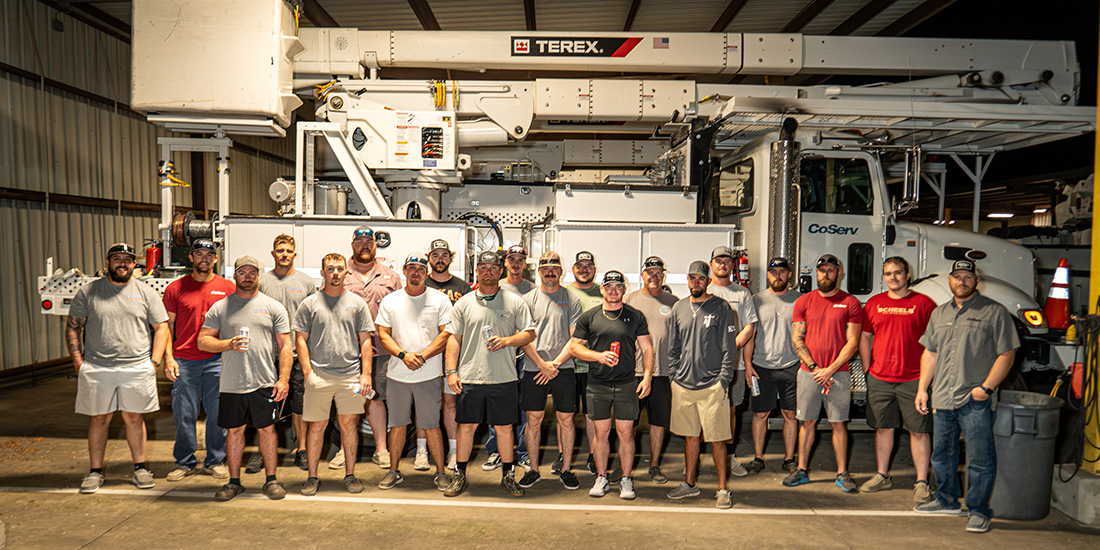 CoServ sent relief crews to Georgia on Oct. 9. L to R: Jesse Medina, Jarrett Horton, Aaron Armstrong, Dustin Bailey, Dillon Hodge, Dustin Rucks, Jordan Jones, Gage McCarty, Austin Clayton, Seth Hudgins, Peyton Johnston, Ethan Scheffler, Josh Brock, Luke Hawkins, Cramer Basham, Mason Horton, Zack Gray, Jared Day, Tyler Garrett and Andrew Pierce. After CoServ crews have been released from Washington EMC, we will look to the Florida Electric Cooperative Association (FECA) to identify a cooperative in Florida in need of aid. Photos by BRIAN ELLEDGE