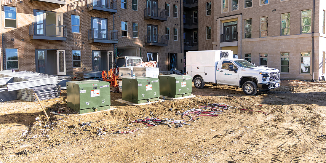 CoServ installed transformers to step down power before it reaches the meter at this apartment complex in Frisco.
Photos by KEN OLTMANN