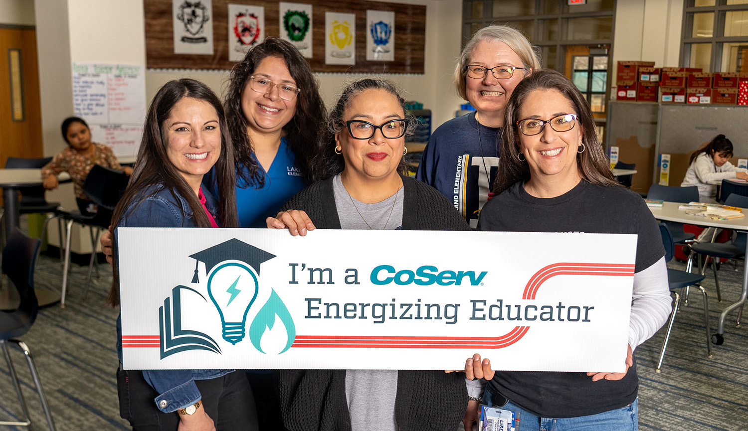 CoServ awards and Energizing Educator award to Mrs. Maricela Bustillos-Rodriguez, a Special Education teacher at Lakeland Elementary School in Lewisville ISD. Pictured (L to R) Danielle Pinckard - Asst. Principal, Maricela Bustillos-Rodriguez - Special Education, Vanesa Asbun - Principal.