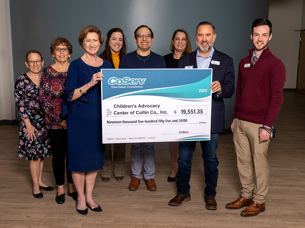 CoServ Charitable Foundation awarded a 19,551.35 grant to Children's Advocacy Center of Collin County for food items for Family Advocacy and Support Services Expenses and Forensic Interviews. Pictured (L to R) Bobbie Pierri, Lorrie Galanter, Lynne McLean, Kara Schrum, Efrain Duarte, Lora Atkinson, Chris McCraw, Walker Sims.