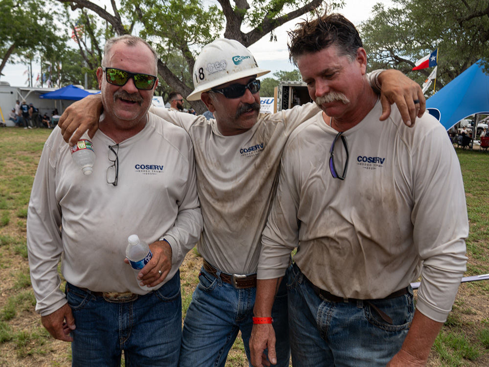 CoServ Senior Journeyman Team after they finished competing in the 2025 Texas Lineman Rodeo. Pictured (L to R) Luke Hawkins, Alex Garza and Chris Hammonds.