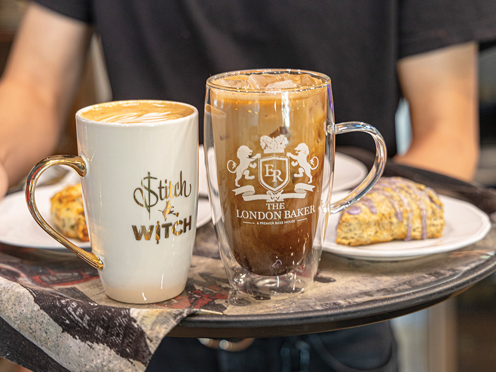 The bakery serves delectable pastries and coffees.