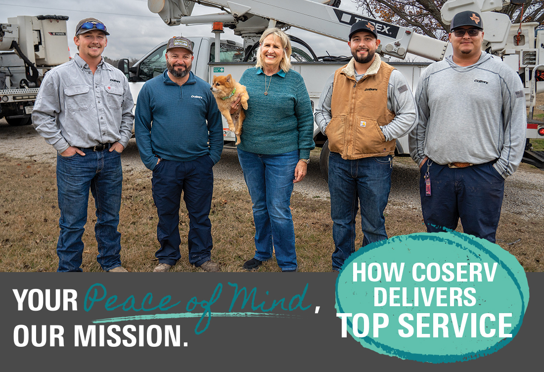 CoServ Member Jo Ann Ream meets the CoServ linemen who helped restore power to her area after a bad lightning storm last October. Pictured (L to R) Dillon Hodge, Santiago Dominguez, Jo Ann Ream, Jesse Median, Mitchell Para. Photos by BRIAN ELLEDGE