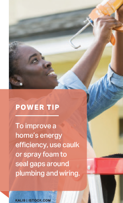 Power Tip: To improve a home’s energy efficiency, use caulk or spray foam to seal gaps around plumbing and wiring.