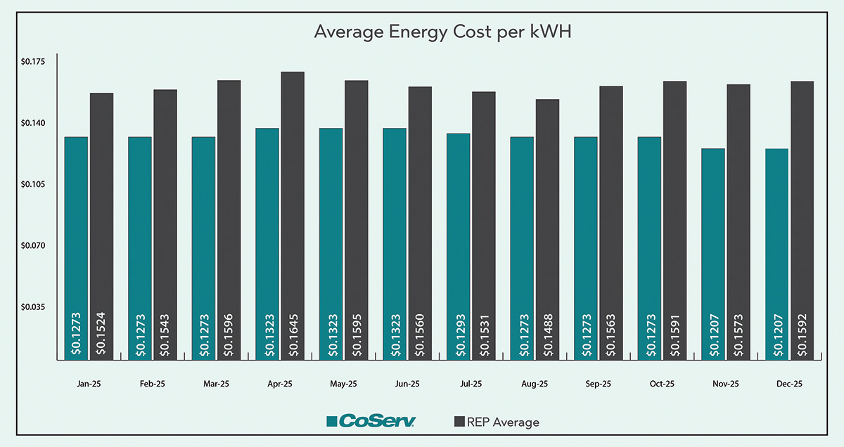 Data retrieved from the Public Utility Commission for REP average 12-month contract and compared to CoServ’s standard residential rate for the same time period based on 2,000 kWh and includes all charges and fees.