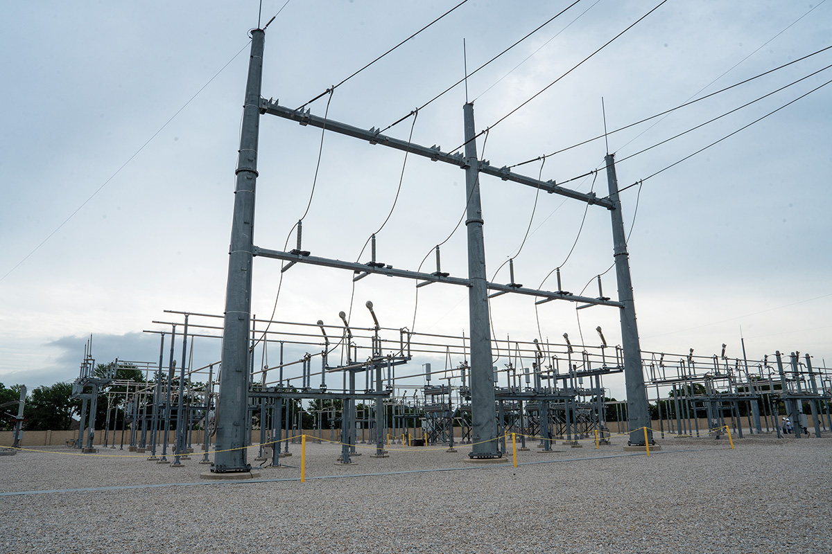 Transmission lines enter the substation here. This section of the substation before the electricity is stepped down at the transformer is called the “high side.” 