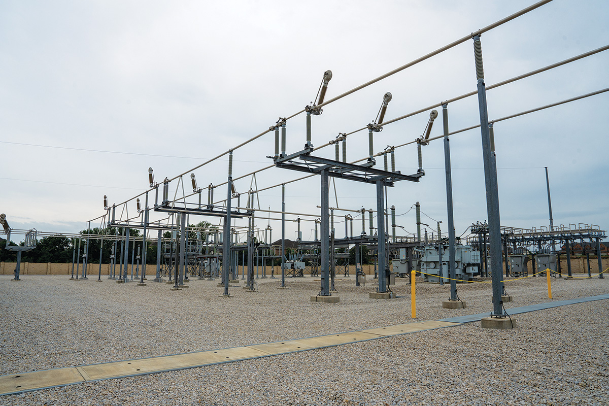 High-side switches in the closed position. If needed, these switches can be opened to de-energize portions of the substation for maintenance or upgrades.