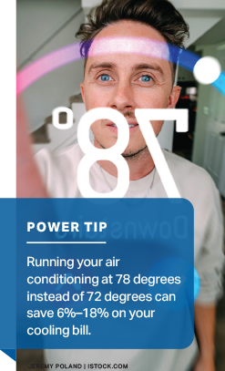 Power Tip – Running your air conditioning at 78 degrees instead of 72 degrees can save 6%–18% on your cooling bill.