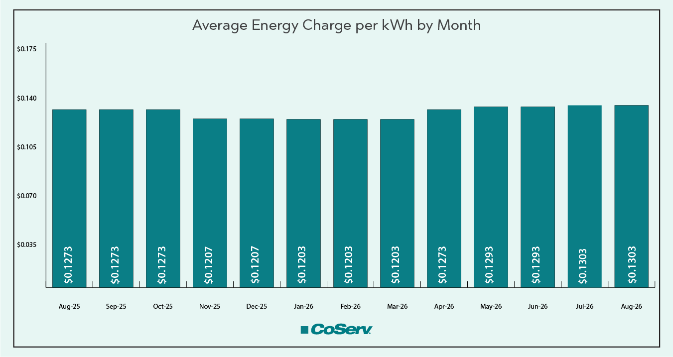 This bar chart illustrates the average energy charge per Ccf over a 13‑month period from August 2025 through August 2026.