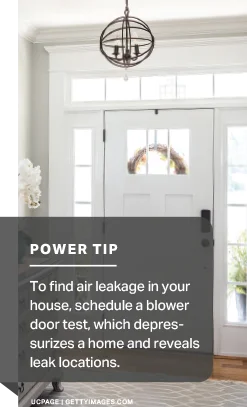 Power Tip – To find air leakage in your house, schedule a blower door test, which depressurizes a home and reveals leak locations.