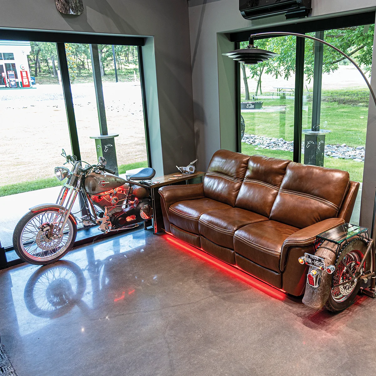 A custom chopper motorcycle was “chopped up” to form end tables at the Iron Horse Stables Foundation.