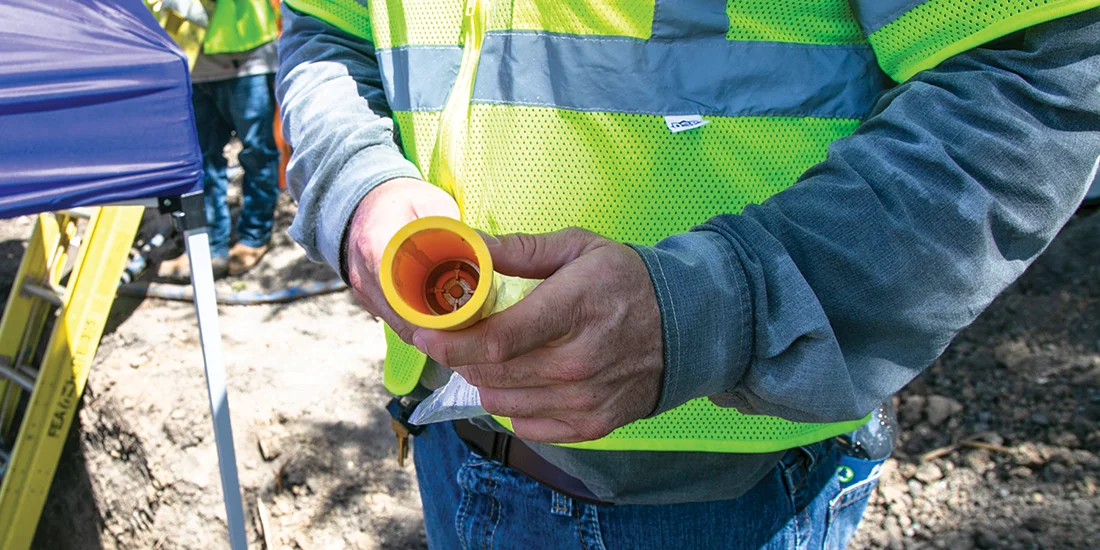 CoServ Gas crews installed an EFV (excess flow valve) on a new gas service line in Rowlett. The EFV is a safety device that is triggered when the gas flow exceeds a certain amount (usually because of a hit line). The ball falls into place to greatly reduce the flow of gas. Photo by KEN OLTMANN